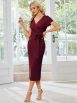 Elegant Deep V Neck Short Sleeve Cocktail Dress with Waist Belt - Image 3