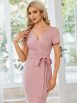 Elegant Deep V Neck Short Sleeve Cocktail Dress with Waist Belt - Image 33