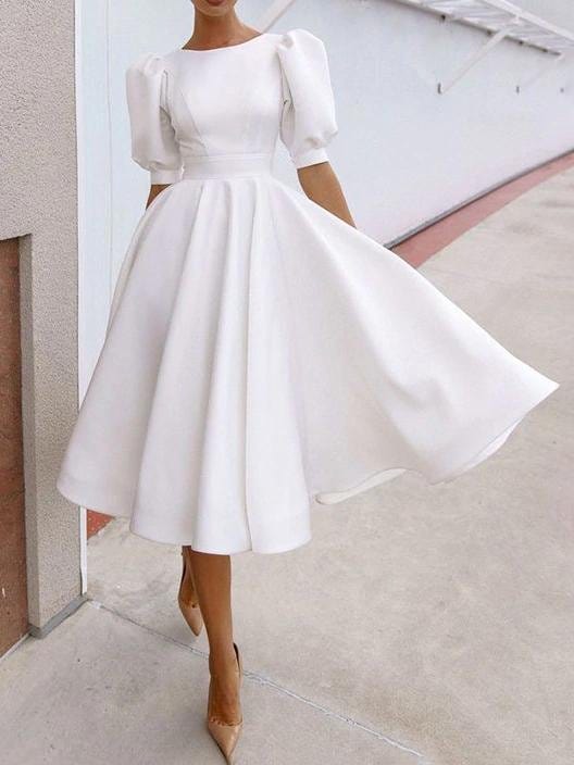 Fashion Solid Puff Mid Sleeve Big Swing Midi Dresses