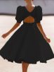 Fashion Solid Puff Mid Sleeve Big Swing Midi Dresses - Image 6