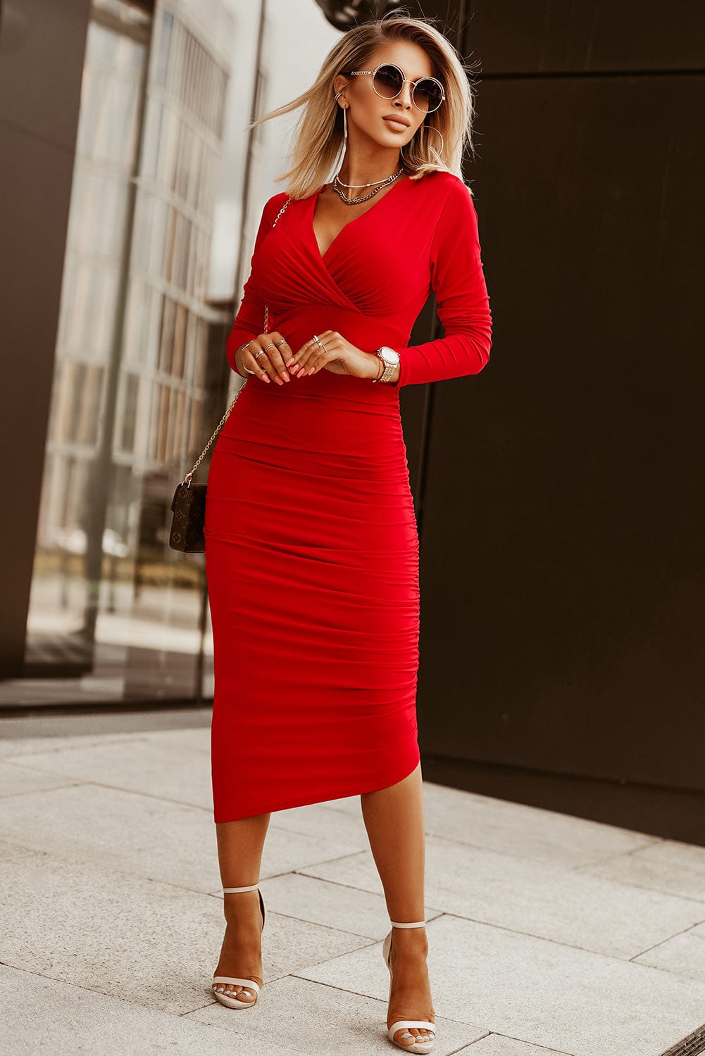 Women's Dresses Solid V-Neck Double-Breasted Skinny Dress